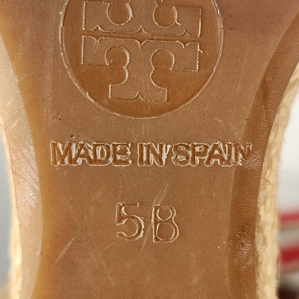 TORY BURCH Women's Adonis Espadrille Sandal Size 5 Red Wedge Leather Made Spain - Picture 10 of 12